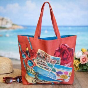 Lancome Paris Coral Tote Shoulder Bag French Riviera Postcard Beach NIP